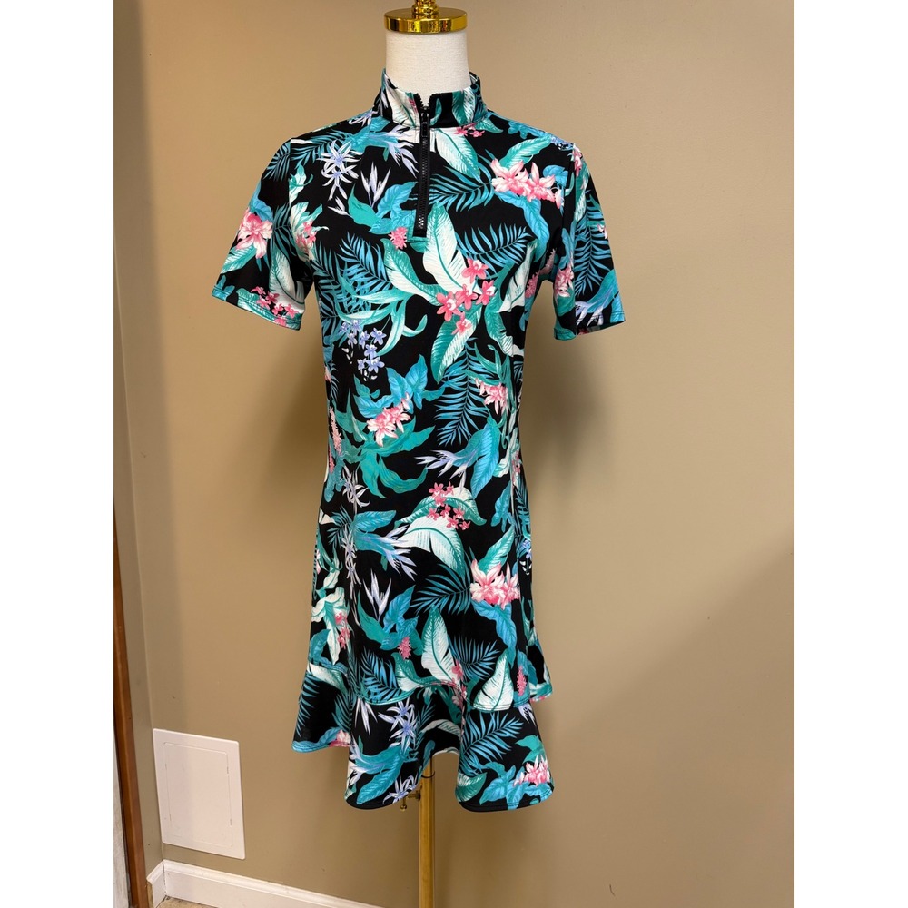 Tommy‎ Bahama Golf Tropical Floral Print Short Sleeve Zip Neck Dress Women's M